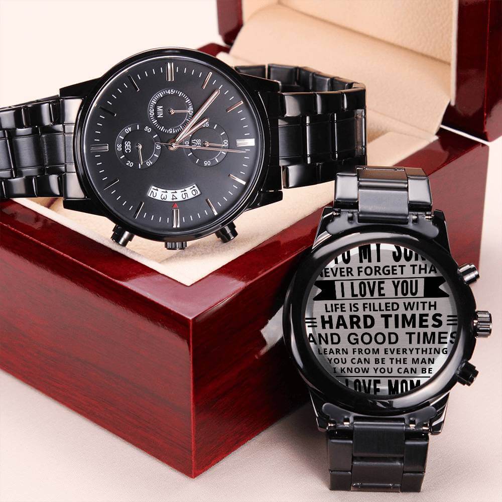 To My Son Engraved Design Black Chronograph Men's Watch, Black & Brass Black Watch, Mens Gear Watch, Engraved Military Watch, Fossil Watch - Best Today's Gifts