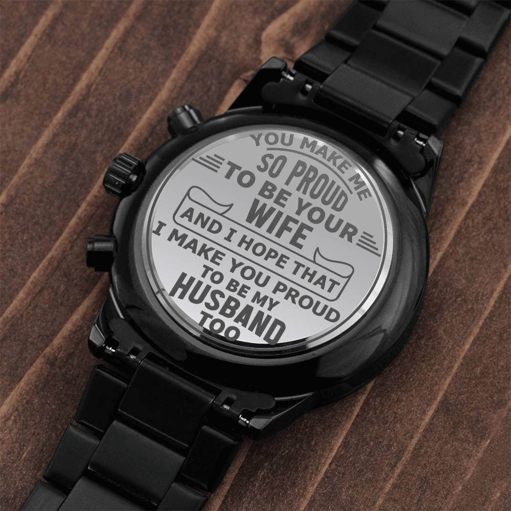 To My Husband Engraved Design Black Chronograph Men's Watch, Black & Brass Black Watch, Mens Gear Watch, Engraved Military Watch, Fossil Watch - Best Today's Gifts