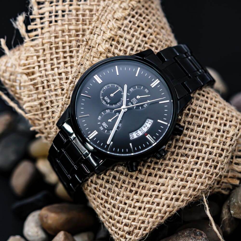To My Husband Engraved Design Black Chronograph Men's Watch, Black & Brass Black Watch, Mens Gear Watch, Engraved Military Watch, Fossil Watch - Best Today's Gifts