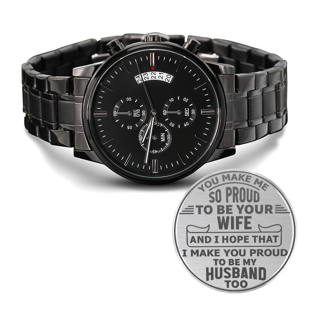 To My Husband Engraved Design Black Chronograph Men's Watch, Black & Brass Black Watch, Mens Gear Watch, Engraved Military Watch, Fossil Watch - Best Today's Gifts