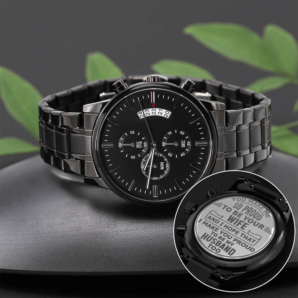 To My Husband Engraved Design Black Chronograph Men's Watch, Black & Brass Black Watch, Mens Gear Watch, Engraved Military Watch, Fossil Watch - Best Today's Gifts