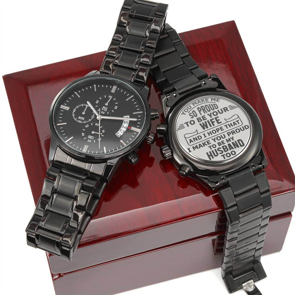 To My Husband Engraved Design Black Chronograph Men's Watch, Black & Brass Black Watch, Mens Gear Watch, Engraved Military Watch, Fossil Watch - Best Today's Gifts