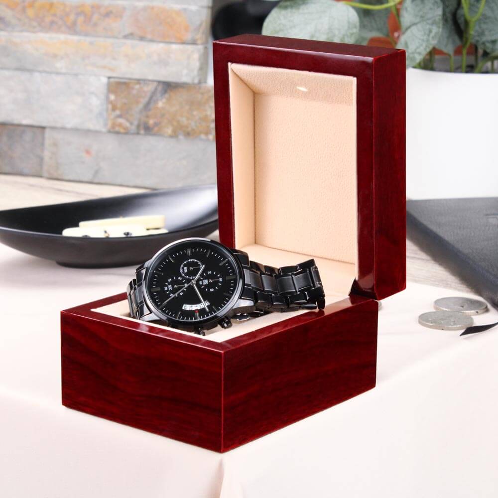 To My Husband Engraved Design Black Chronograph Men's Watch, Black & Brass Black Watch, Mens Gear Watch, Engraved Military Watch, Fossil Watch - Best Today's Gifts