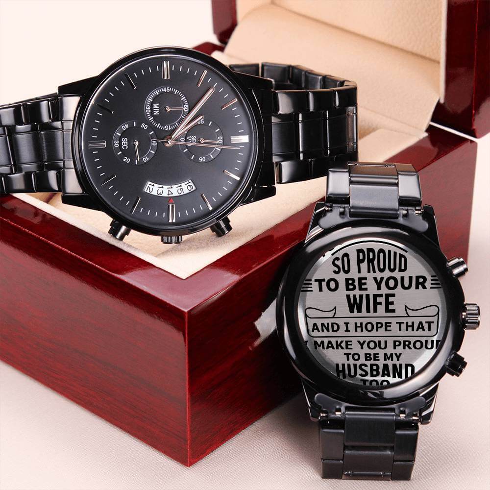 To My Husband Engraved Design Black Chronograph Men's Watch, Black & Brass Black Watch, Mens Gear Watch, Engraved Military Watch, Fossil Watch - Best Today's Gifts