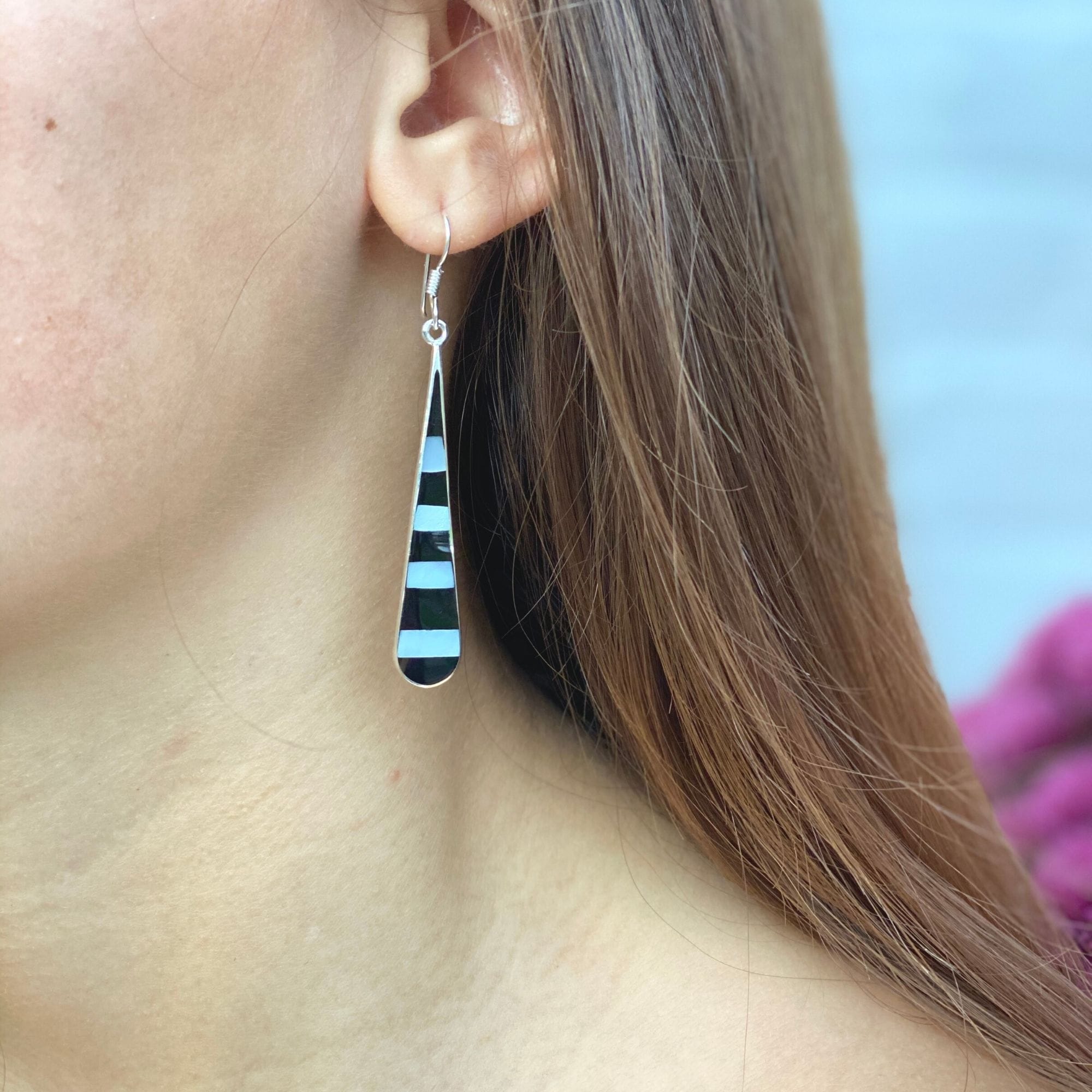 Taxco Silver Black Onyz & Abalone Zebra Long Teardrop Earrings - Best Today's Gifts