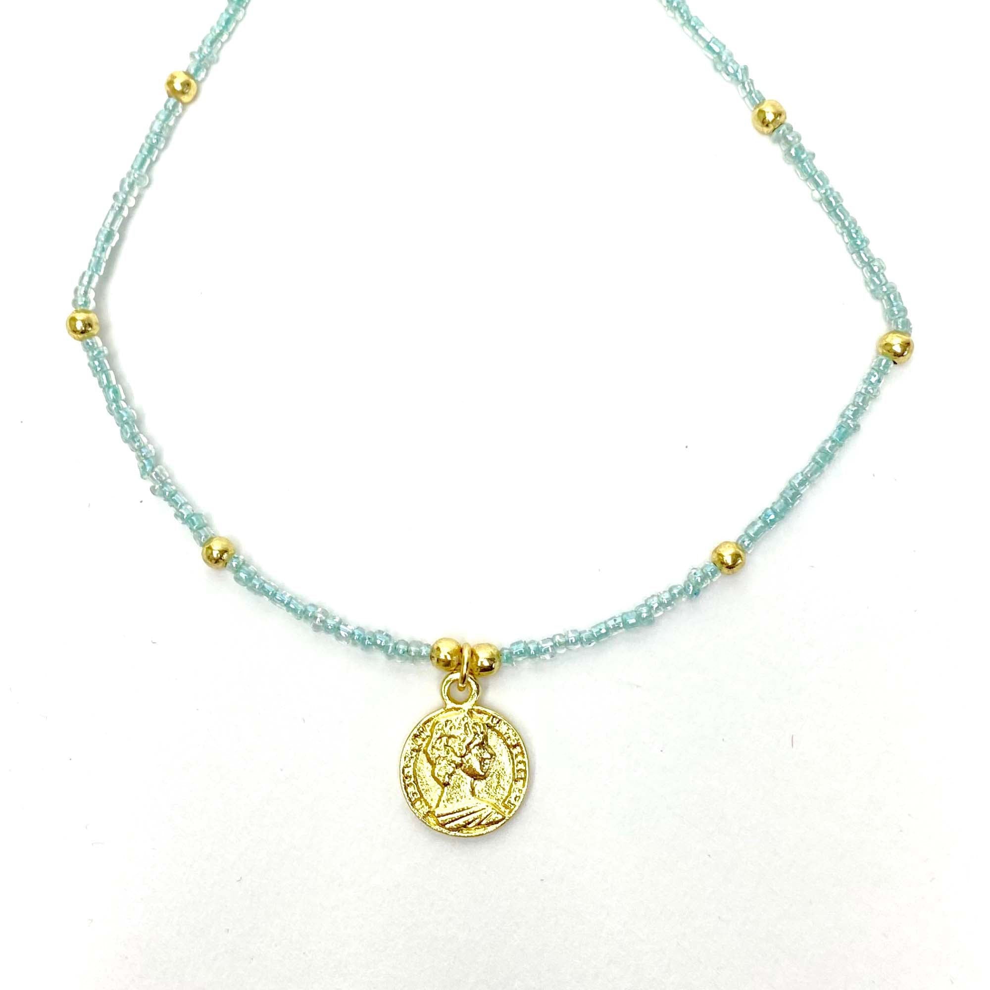 Baby blue Glass Bead Choker with Brass Coin Pendant - Best Today's Gifts