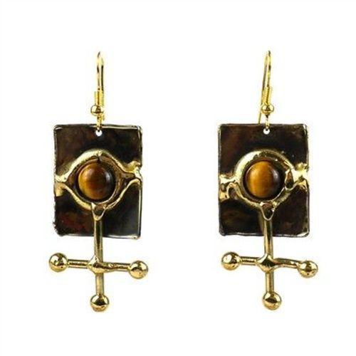 Gold Tiger Eye Ball and Jack Brass Earrings - Brass Images (E) - Best Today's Gifts