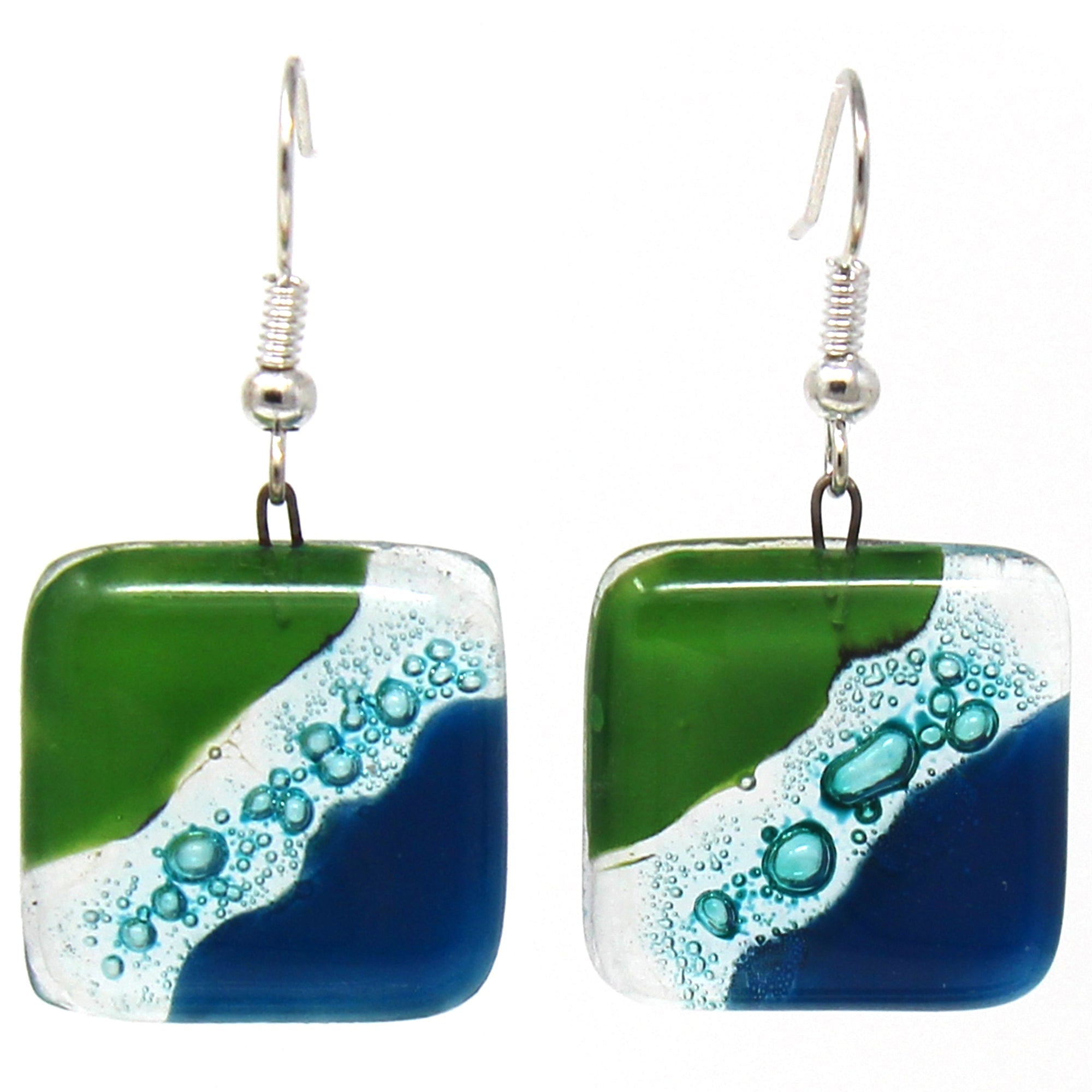 Square Glass Dangle Earrings, Blue Green Waves - Tili Glass - Best Today's Gifts