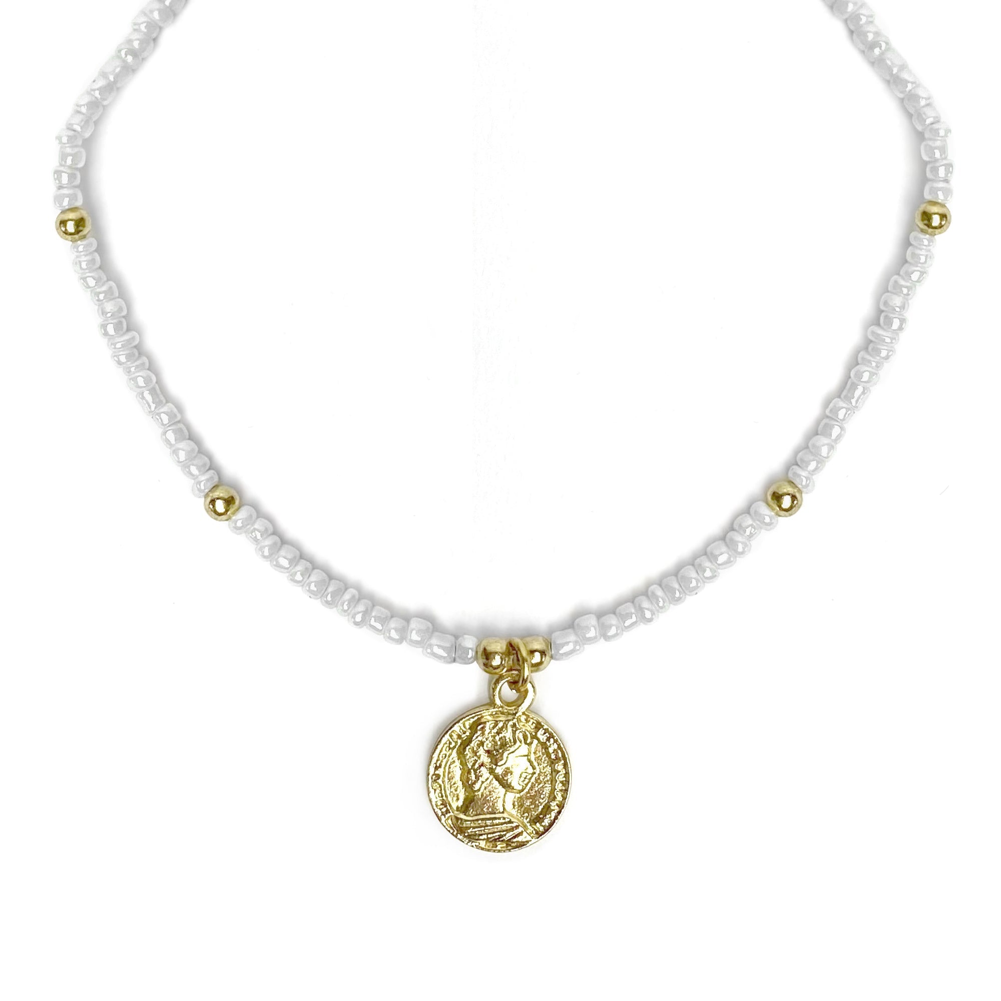 White Glass Bead Choker with Brass Coin Pendant - Best Today's Gifts