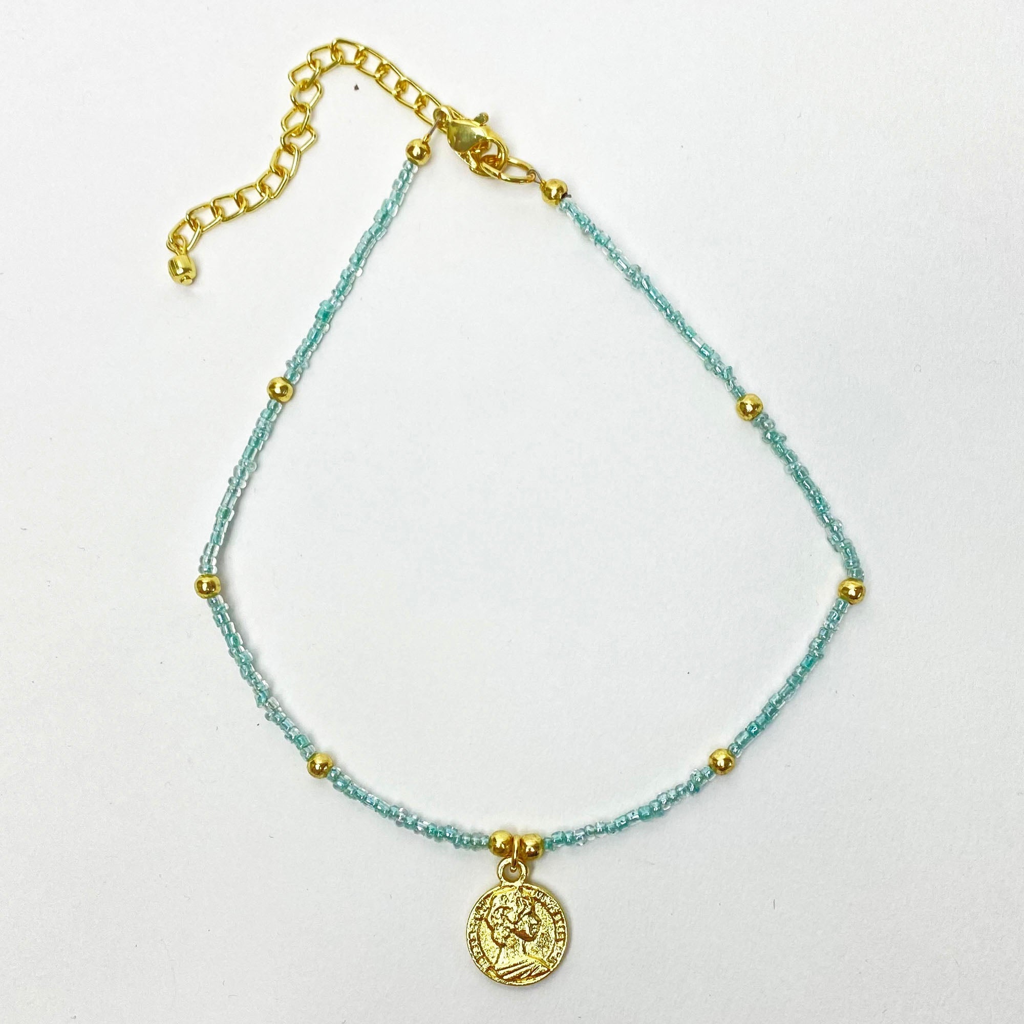 Baby blue Glass Bead Choker with Brass Coin Pendant - Best Today's Gifts