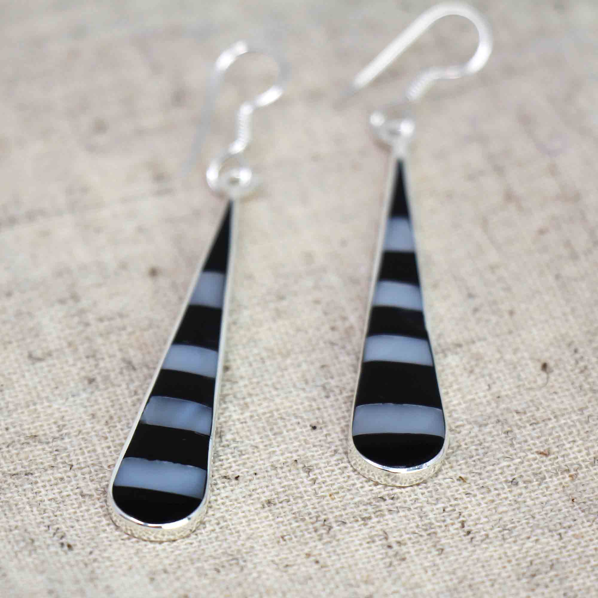 Taxco Silver Black Onyz & Abalone Zebra Long Teardrop Earrings - Best Today's Gifts