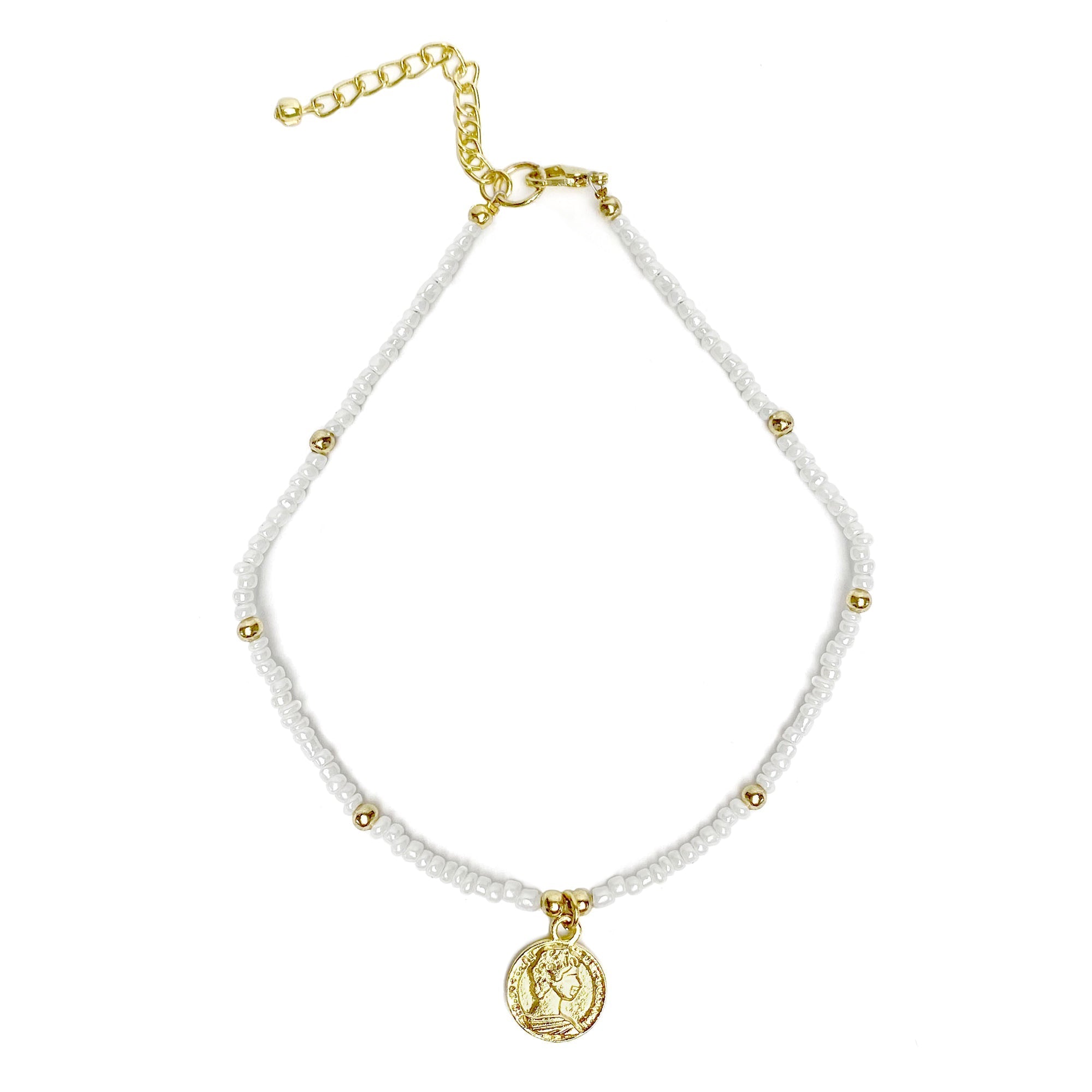 White Glass Bead Choker with Brass Coin Pendant - Best Today's Gifts