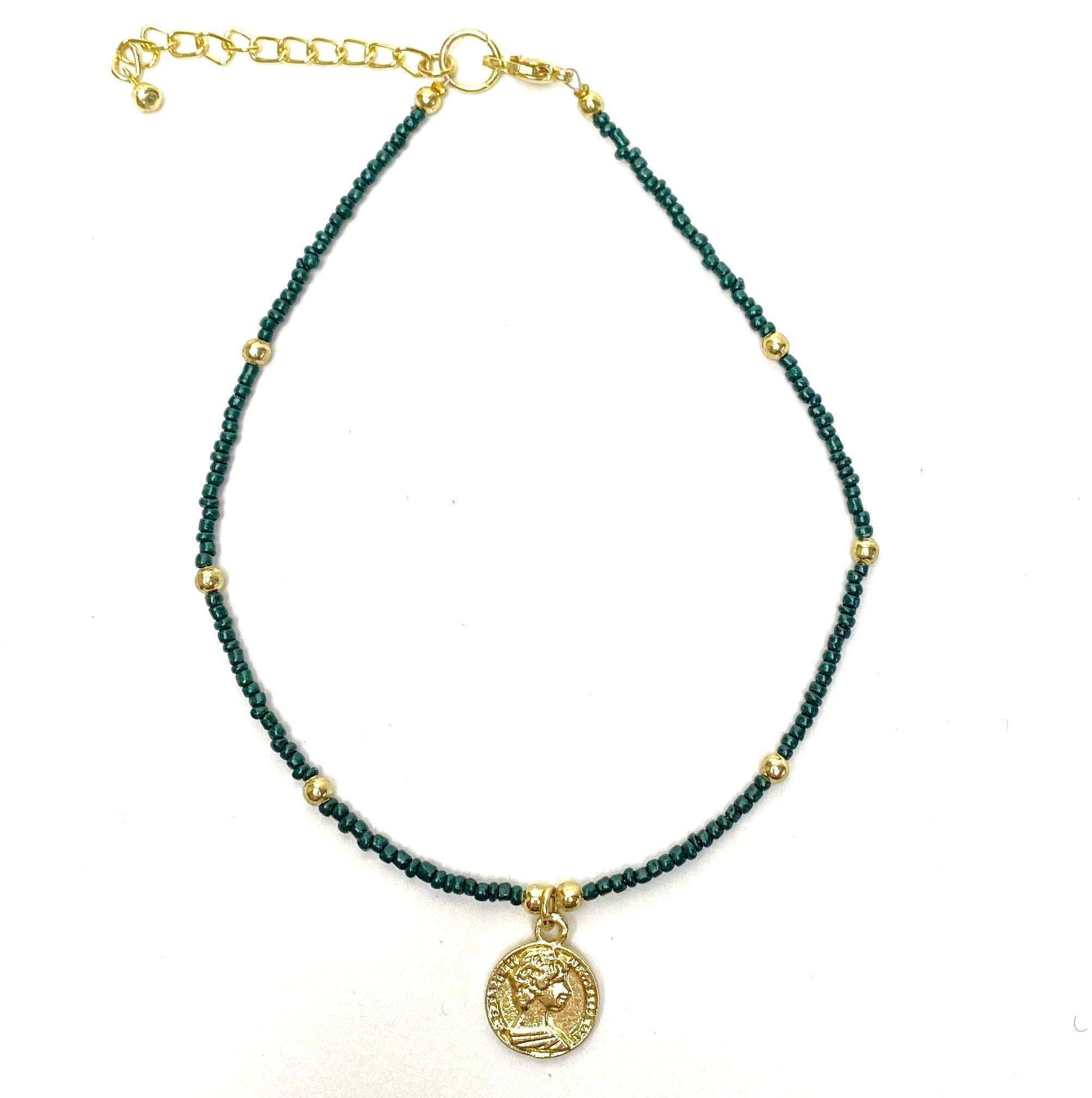 Dark Green Glass Bead Choker with Brass Coin Pendant - Best Today's Gifts