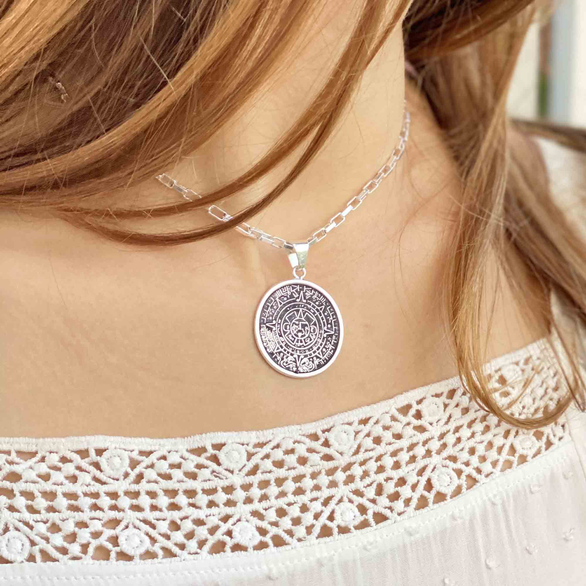 Alpaca Silver Aztec Calendar Pendant with Chain - Best Today's Gifts