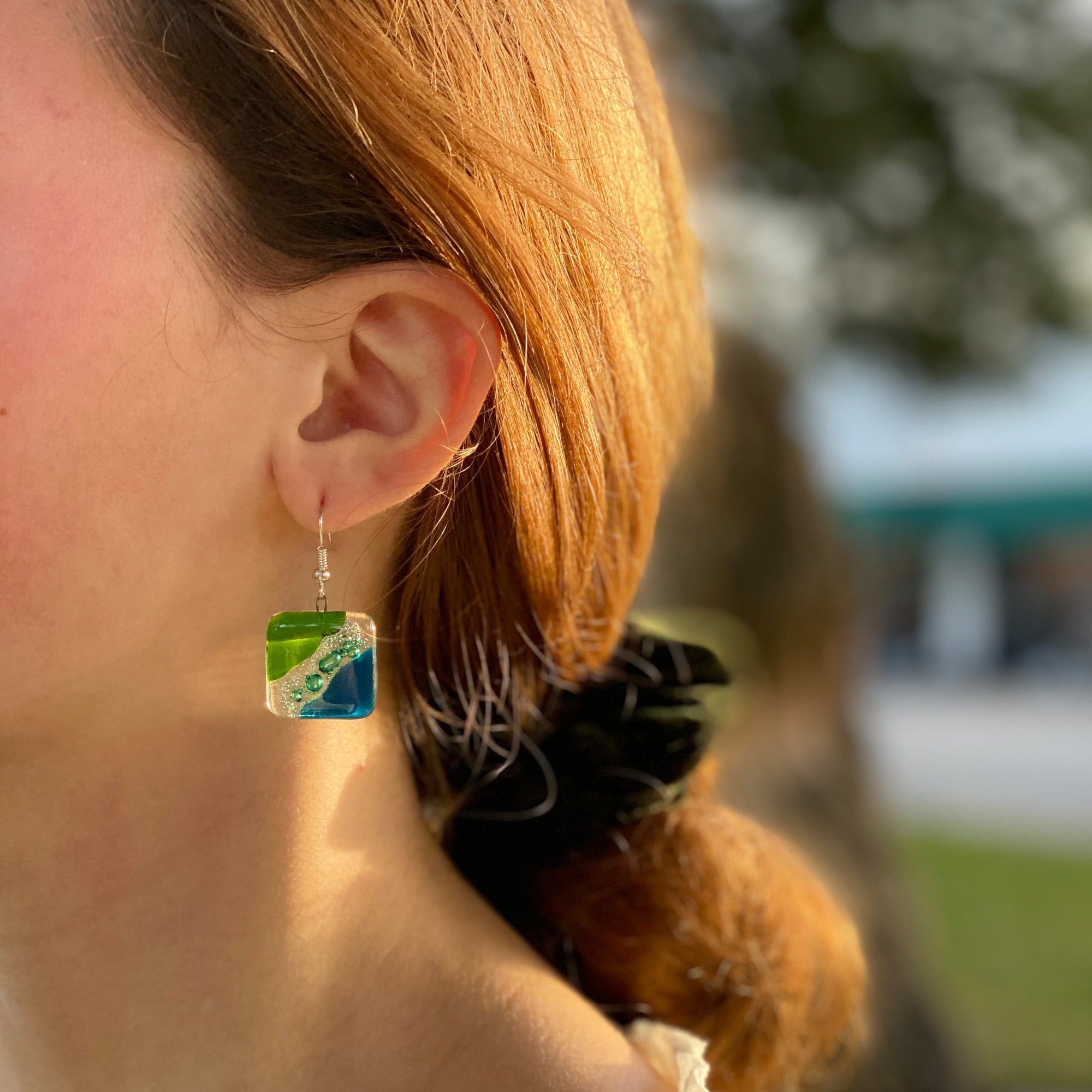 Square Glass Dangle Earrings, Blue Green Waves - Tili Glass - Best Today's Gifts