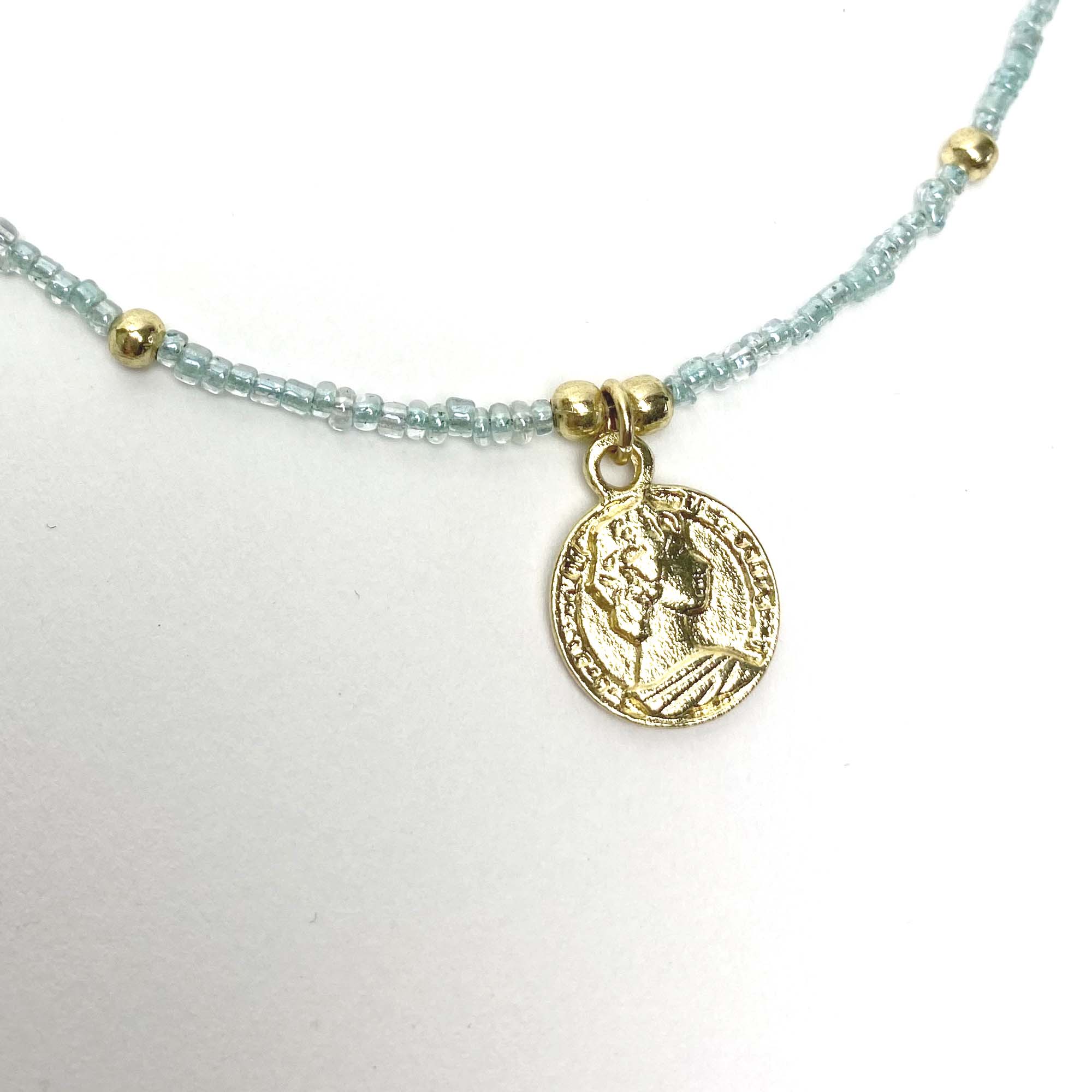 Baby blue Glass Bead Choker with Brass Coin Pendant - Best Today's Gifts