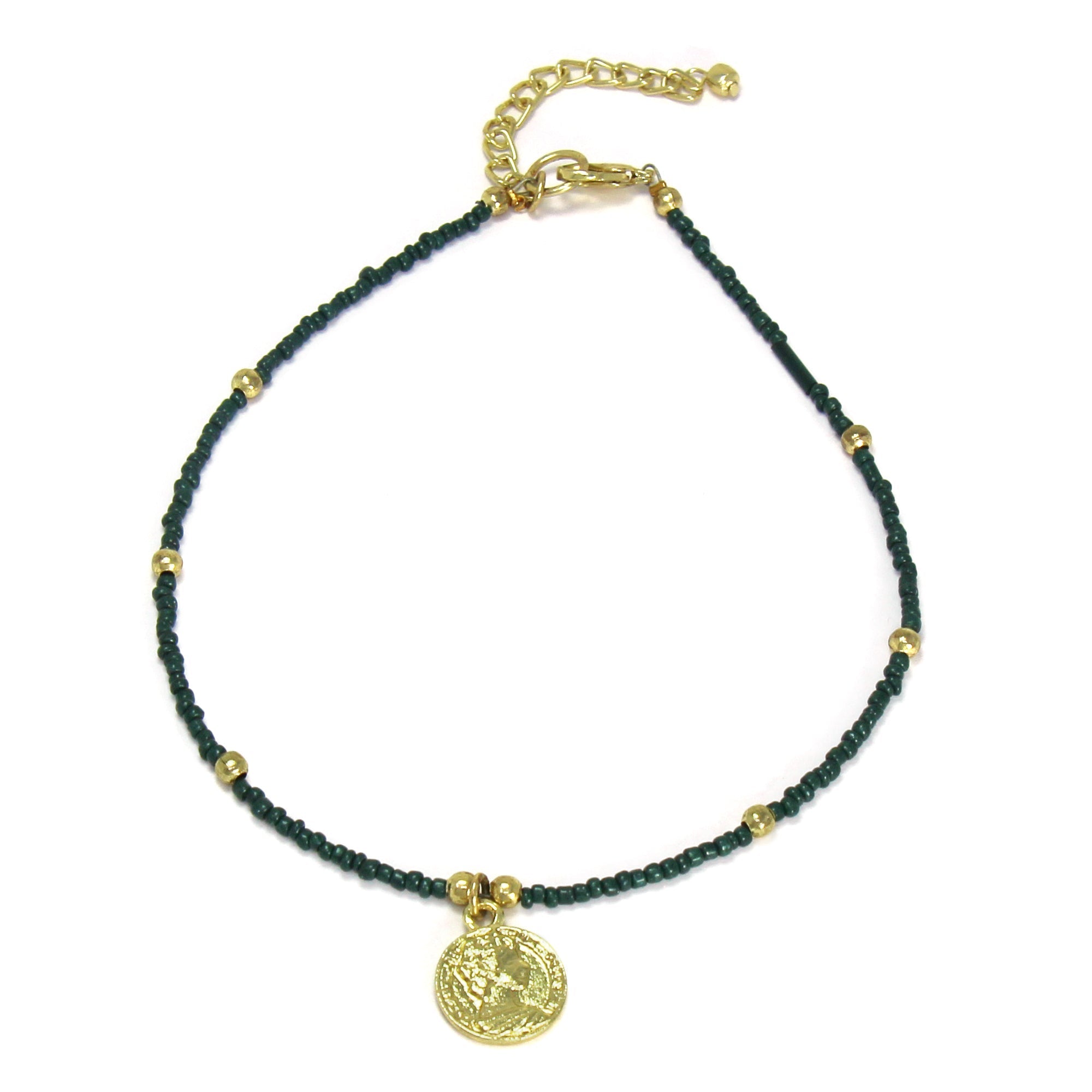 Dark Green Glass Bead Choker with Brass Coin Pendant - Best Today's Gifts