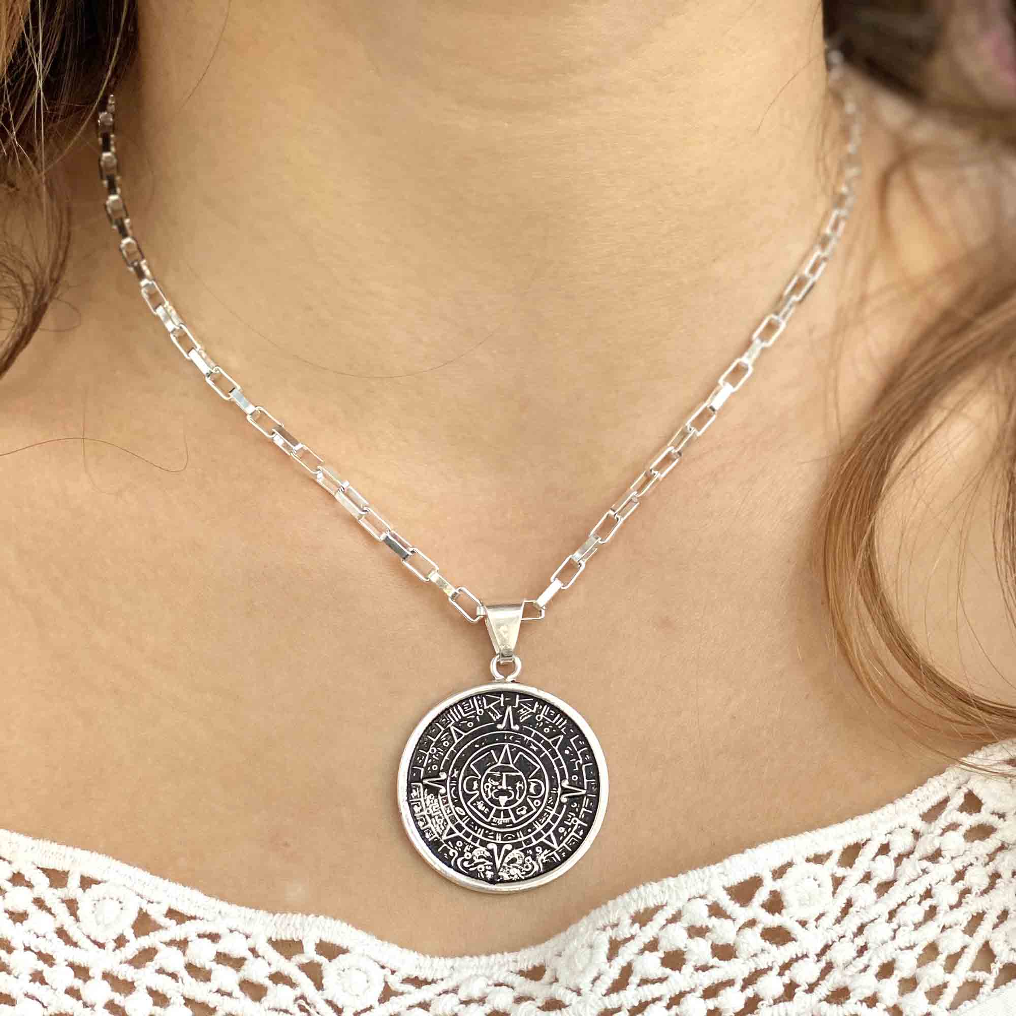 Alpaca Silver Aztec Calendar Pendant with Chain - Best Today's Gifts