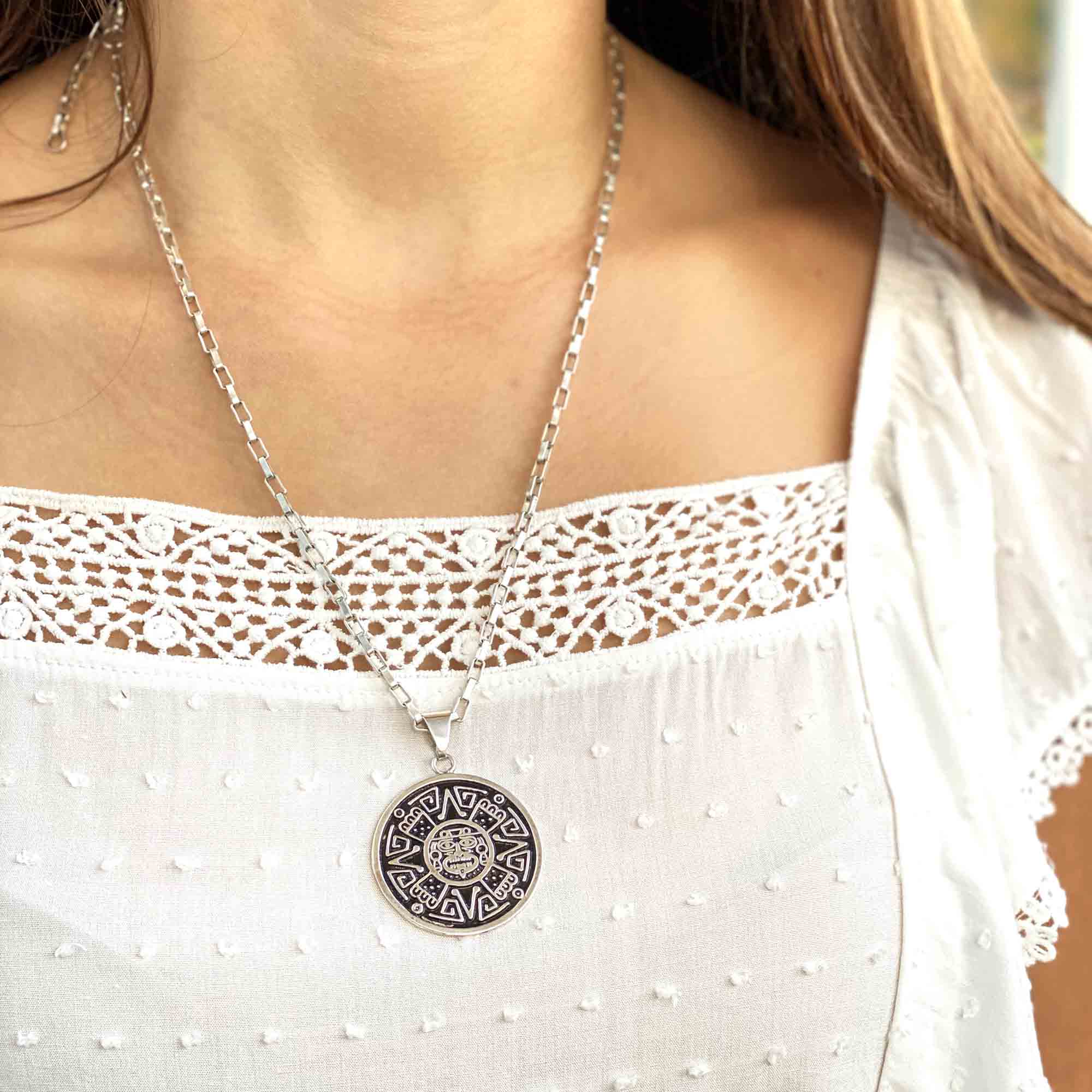 Alpaca Silver Aztec Face Pendant with Chain - Best Today's Gifts